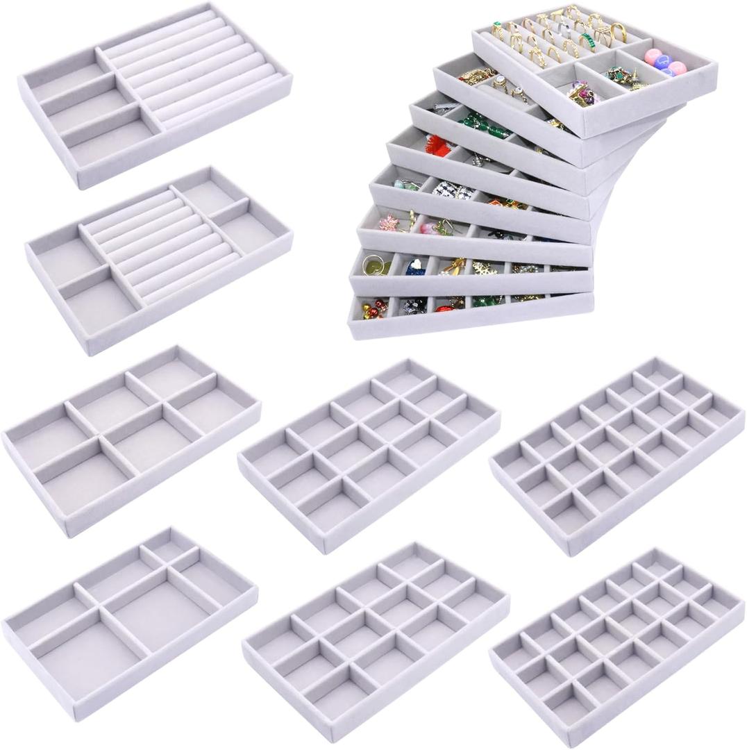 8Pack Jewelry Drawer Organizer Inserts, Stackable Jewellry Case Velvet Jewelry Tray for Necklaces, Earring, Rings Bracelet (Grey)