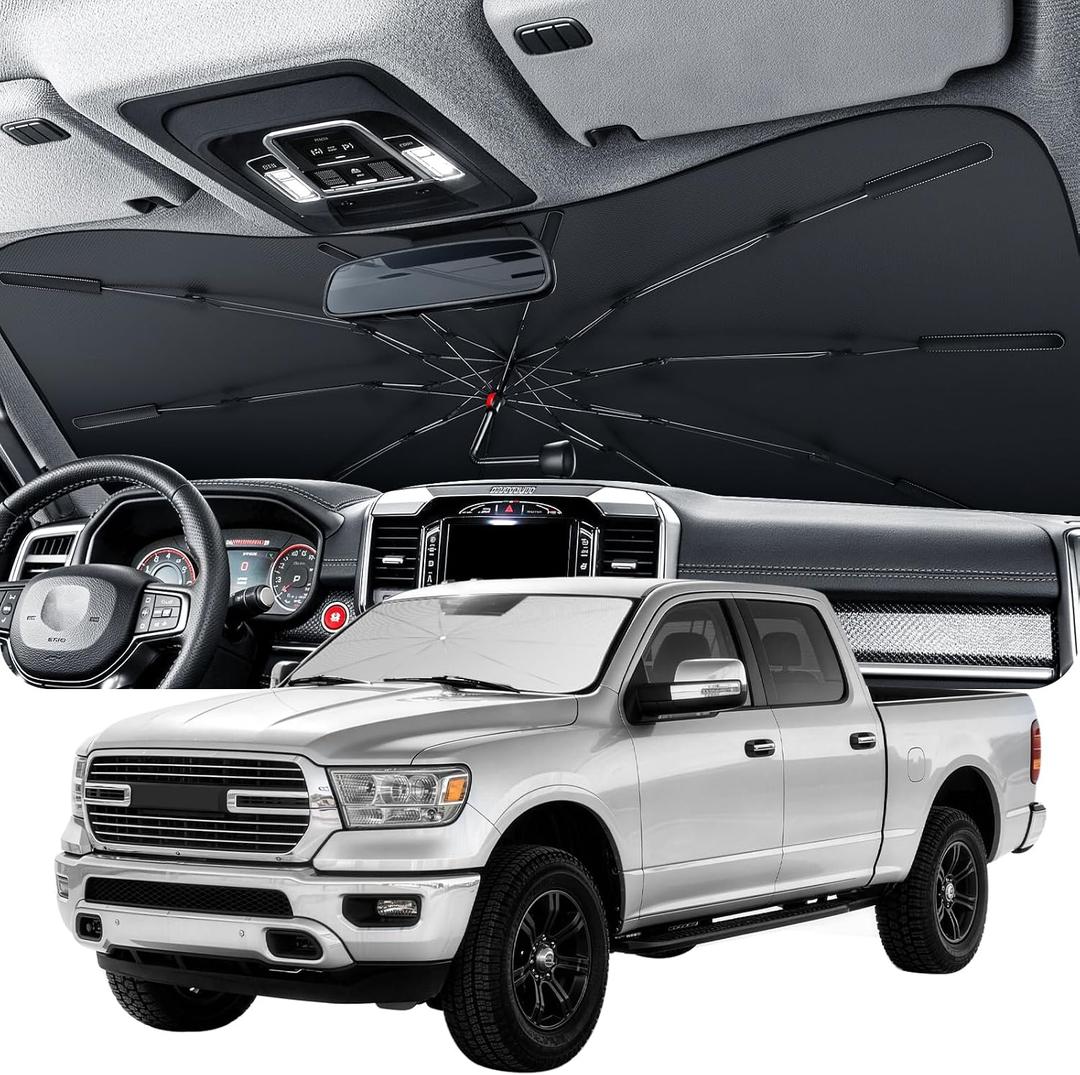 Zanch 2026 Upgraded Windshield Sun Shade Umbrella: Custom Fit for Dodge RAM 1500 2500 3500 2019-2026 Front Window Sunshade, Block UV Rays & Keep Car Cool, 1:1 Scan for RAM 1500, No Gaps & No Scratches