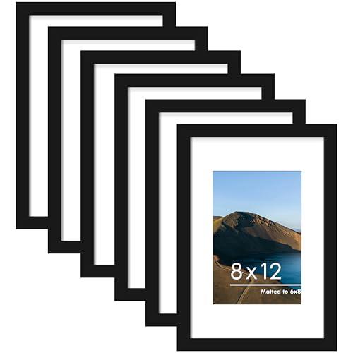 PEALSN 8x12 Picture Frame Set of 6, Display Pictures 6 x 8 with Mat or 8 x 12 without Mat for Wall Mounting or Table Top Display, Photo Frames Collage for Wall Decor, Black