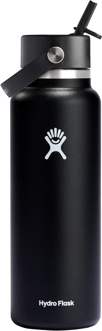 Hydro Flask 40 Oz Wide Flex Straw Cap Bottle - Insulated Stainless Steel - Wide Straw Lid, Non Spill, Leakproof in Black