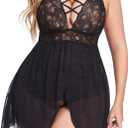 Sexy Lingerie Babydoll Nightgown Women Plus Size Chemise Nighties Lace Underwear One Piece Sleepwear Nightwear (Black)