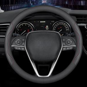 LKWLIKEI Nappa Premium Leather car Steering Wheel Cover, Non-Slip, Breathable, Universal 15 inches,Black and red Blue line