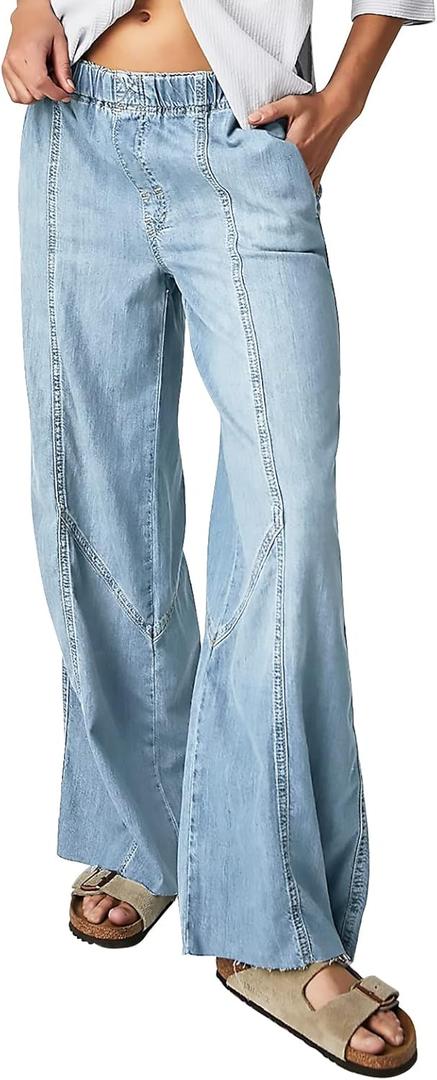 Mafulus Women's Wide Leg Jeans Elastic High Waisted Baggy Jeans Loose Fit Seemed Front Denim Pants (14, Light Blue)