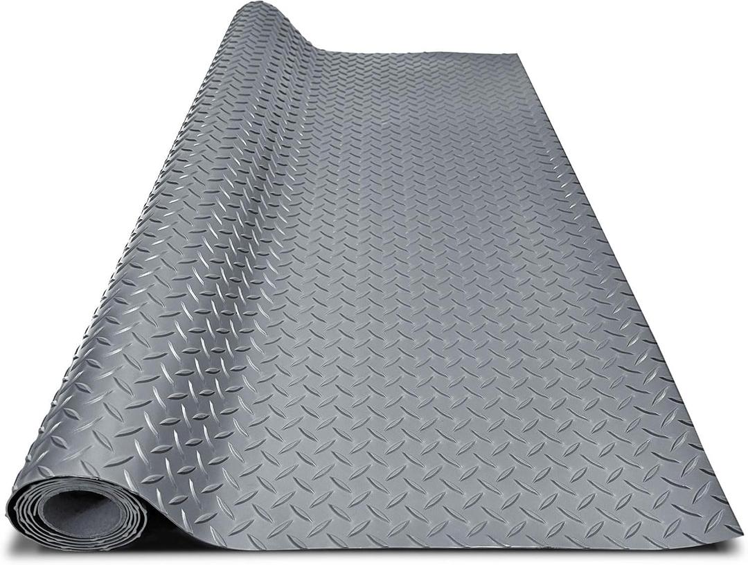 4x6FT Garage Floor Mat, 2.8mm Thickened Flooring Roll for Under Car, Golf Cart Parking Mat, Diamond Plate PVC Rubber Motorcycle Mat, Non-Slip Floor Protector for Garage Warehouse Trailer, Grey