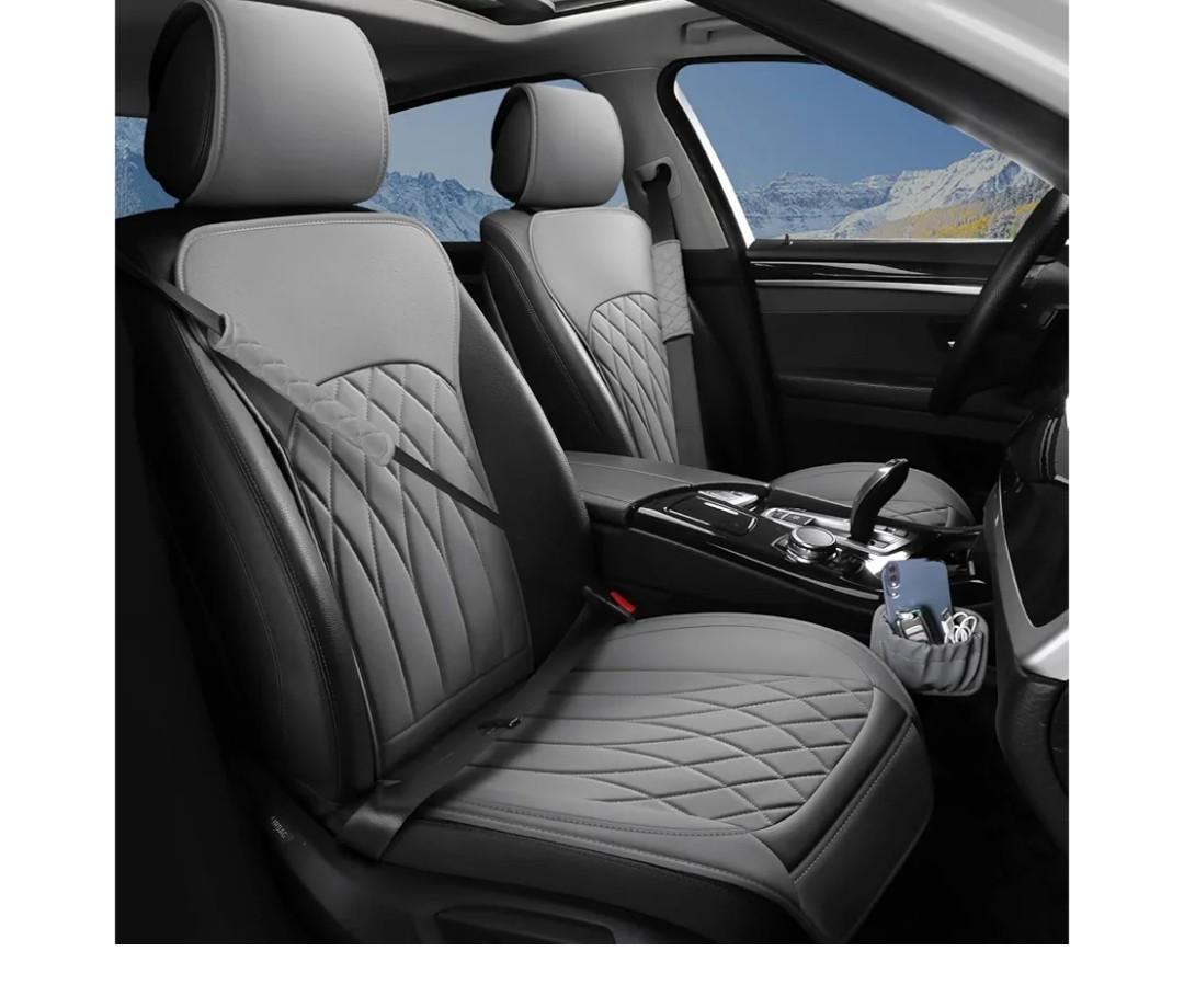 Leather Front Car Seat Covers, Universal Sideless Car Seat Protectors with Storage Pocket and Seat Belt Pads, Waterproof Automotive Seat Cover for Cars Trucks, SUV (Grey)