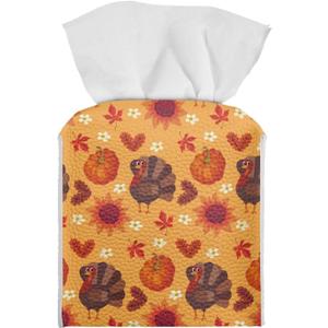 Turkey Pumpkin Tissue Box Cover Holder Square Facial Tissue Case Facial Paper Organizer Dispenser for Bathroom Bedroom Living Room Decor Thanksgiving PU Leather Napkin Boxes Covers