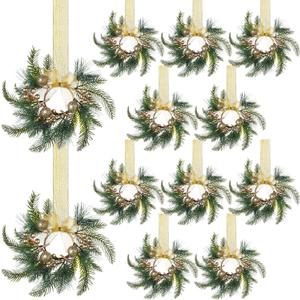 Zeyune 12 Pcs Small Christmas Wreaths for Kitchen Cabinets with Gold Bow Ribbon Hanging Mini Christmas Cabinet Door Wreaths Decor for Kitchen Window Outdoor Indoor Holiday, 14.96 x 7.87''