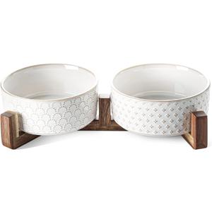 Dog Bowls Ceramic for Small Medium Dogs - 3-Cup Dual Food & Water Bowl Set with Acacia Wood Stand, Non-Slip Anti-Tip Elevated Design (M-3 Cup, Fireworks+Clover)