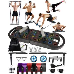 HOTWAVE Portable Exercise Equipment with 16 Gym Accessories,20 in 1 Push Up Board Fitness, Resistance Bands with Ab Roller Wheel, at Home Workout for Men