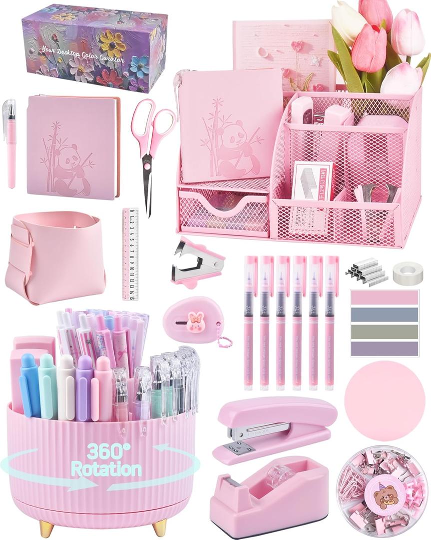 Pink Desk Accessories and Organizers with Desk Organizer and 360Rotating Pen Holder stapler Pen and a Lot of Office Pink Office Supplies Beautifully Presented in a Gift Box