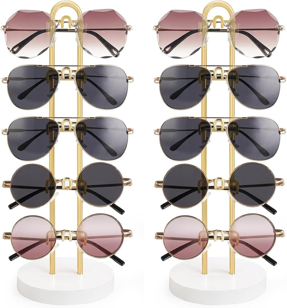 Mkono Sunglasses Organizer Glasses Holder Stand Sunglass Storage Eyeglasses Rack Metal Frame with Wood Base for 5 Pairs of Eyewear Display for Table Desk Countertop Dresser Bedroom, Set of 2, Gold