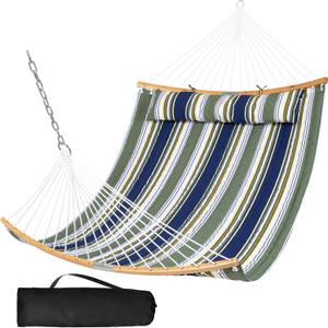 SUNCREAT Hammocks Portable Double Hammock with Curved Spreader Bar, 450 lbs Capacity, Heavy Duty Outdoor Hammock with Carrying Bag, Dark Green Stripes