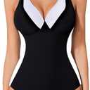 Smismivo Tummy Control Swimsuits for Women Slimming One Piece Bathing Suit Curvy Retro Vintage 2025 Color Block Swim Suit (M)