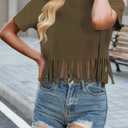 Remidoo Fringe Tops for Women Short Sleeve Crop Top T Shirt Western Cowgirl Cropped Tee Solid Green Small (Green, S)