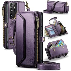 Strapurs Crossbody Wallet Case Compatible with Samsung Galaxy S21 Ultra 5G RFID Blocking 10-Card Holder Soft PU Leather Magnetic Snap Strap Zipper Pocket Phone Case Fit for Galaxy S21 Ultra - Purple