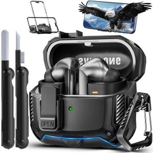 with Phone Stand for Samsung Galaxy Buds3 FE (2025) / Buds3 Pro (2024) / Buds 3 Case (2024),with Secure Lock Clip & Cleaning kit Full Body Shockproof Carbon Fiber Protection Design
