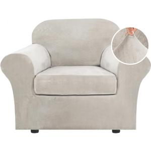 H.VERSAILTEX Rich Velvet Stretch 2 Piece Chair Cover Chair Slipcover Sofa Cover Furniture Protector Couch Soft with Elastic Bottom Chair Couch Cover with Arms Width Up to 49 Inch(Chair, Oatmeal)