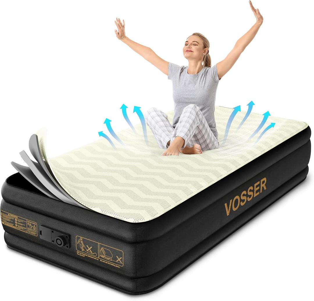 VOSSER Twin Air Mattress with Built in Pump,Foam Topper Blow up Mattress | Foam Topper Blow Up Mattress,40%Thicker PVC,Water/LeakProof,Flocked,3Min Inflate,10Yr Support,NonSlip Silent,Home Guests, Twin 15 inch