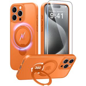 FNTCASE for iPhone 15 Pro-Max Case: [360 Spin Magnetic Stand] [Compatible with Magsafe] [Screen Protector] Translucent Matte Military Grade Shockproof Full Camera Protective Phone Cover - Orange