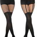 MANZI Faux Thigh High Tights Mock Suspender Pantyhose Striped Goth Fishnets Pack of 2 (One Size, Black-grid/Suspender)
