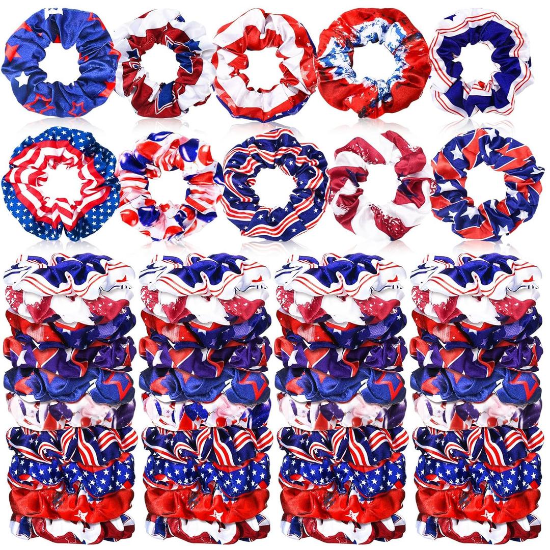 Giegxin 80 Pieces Patriotic Silk Hair Scrunchies 4th of July Satin Hair Ties Elastic Hair Bands Satin Ponytail Silk Holders Clover Hair Ties Accessories for Independence Day Women Girls (Assorted Color)