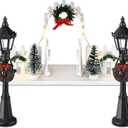 Zhengmy 3 Christmas Village Sets, 2 Miniature Street Lights for Mini Lamp Decorative Dollhouse Streetlight, and Gate Lit Figurine Landscape Fence with LED