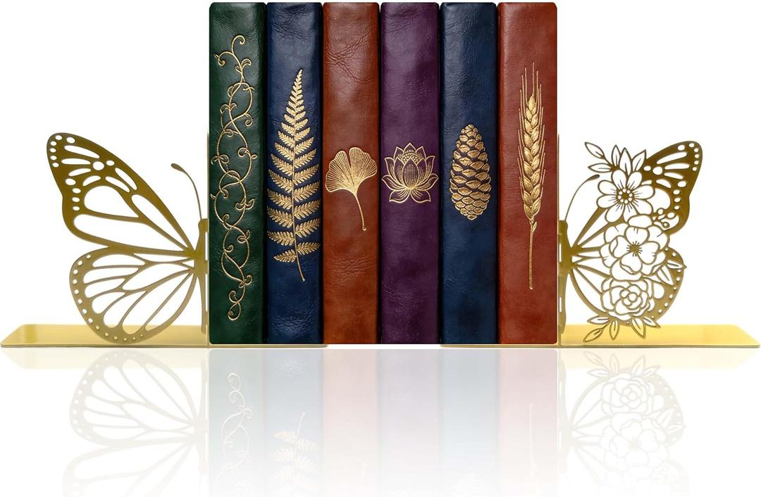 Gold Butterfly Bookends  Metal Decorative Book Ends for Shelves, Cute Butterfly Book Holders, Modern Gold Bookends for Home Office Decor
