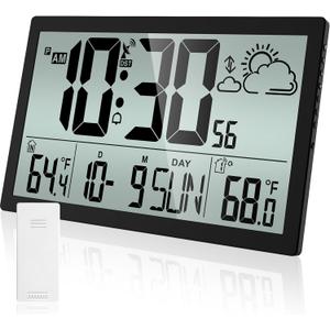 Weather Clock with Atomic Clock Indoor Outdoor Thermometer, 14.6" Large Atomic Wall Clock Battery Operated, Never Needs Setting! Wireless Outdoor Sensor, Auto DST, Wall Clock for Office/Home/School