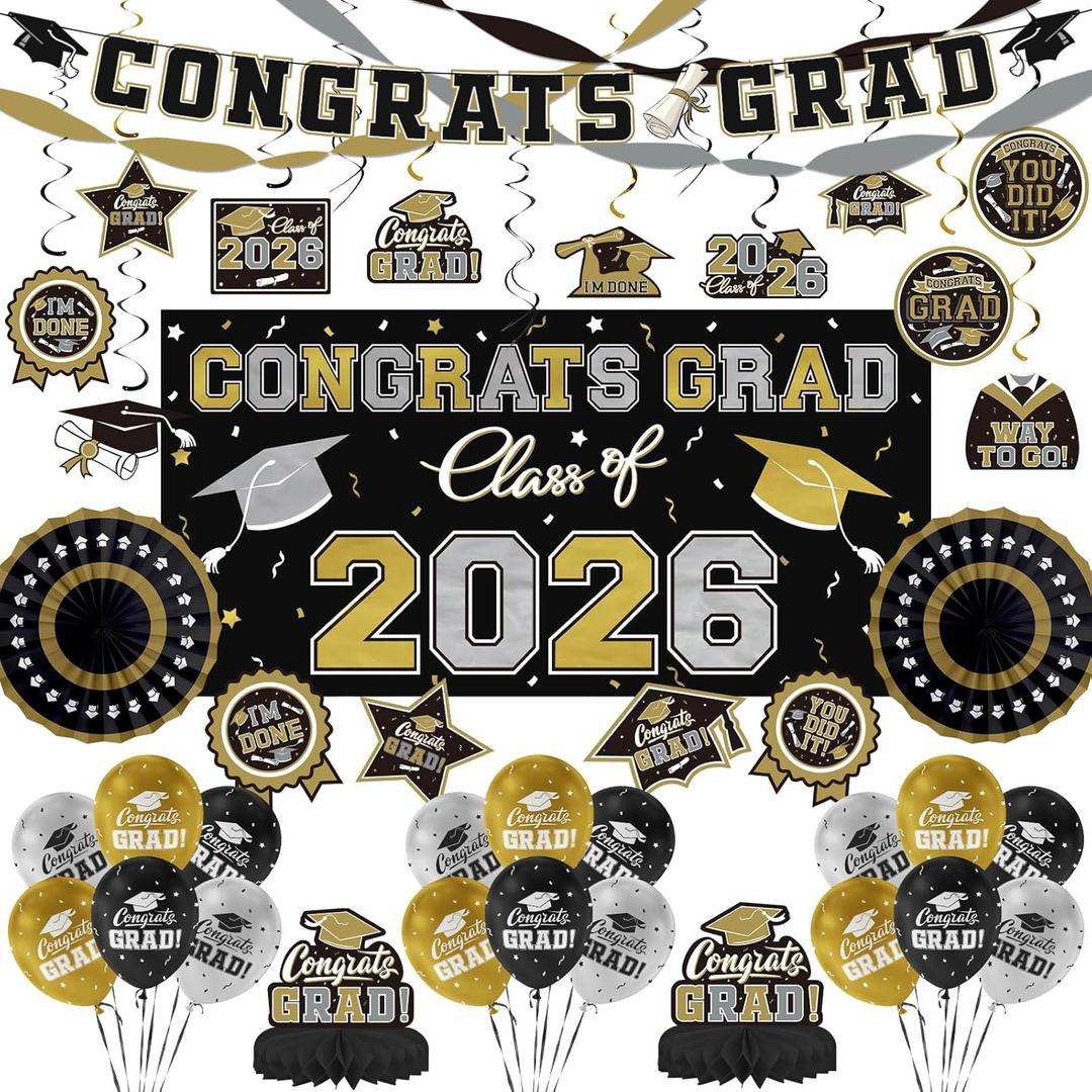 2 x Black and Gold Themed 2026 Graduation Decorations Set - Congrats Grad Banner, Class of 2026 Backdrop, Balloons & Streamers Kit - Graduation Party Supplies for High School & College Celebrations