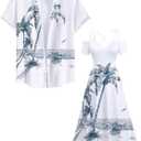 Matchable Couple Hawaiian Coconut Tree Print Shirt or Plus Size Midi Cold Shoulder Dress (White, L)