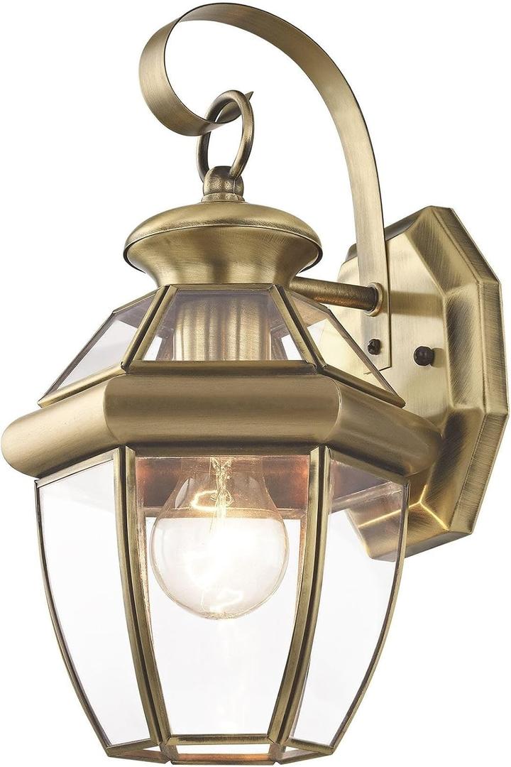 Livex Lighting 2051-01 Monterey 1 Light Outdoor Antique Brass Finish Solid Brass Wall Lantern with Clear Beveled Glass, 7"w X 12.5"h