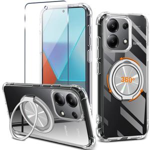 for Xiaomi Redmi Note 13 4G (Not 5G) Phone Case with Glass Screen Protector 360 Rotatable Ring Holder Kickstand [Non Yellowing] Transparent 4 Corners Shockproof Protective Phone Cover Case - Clear