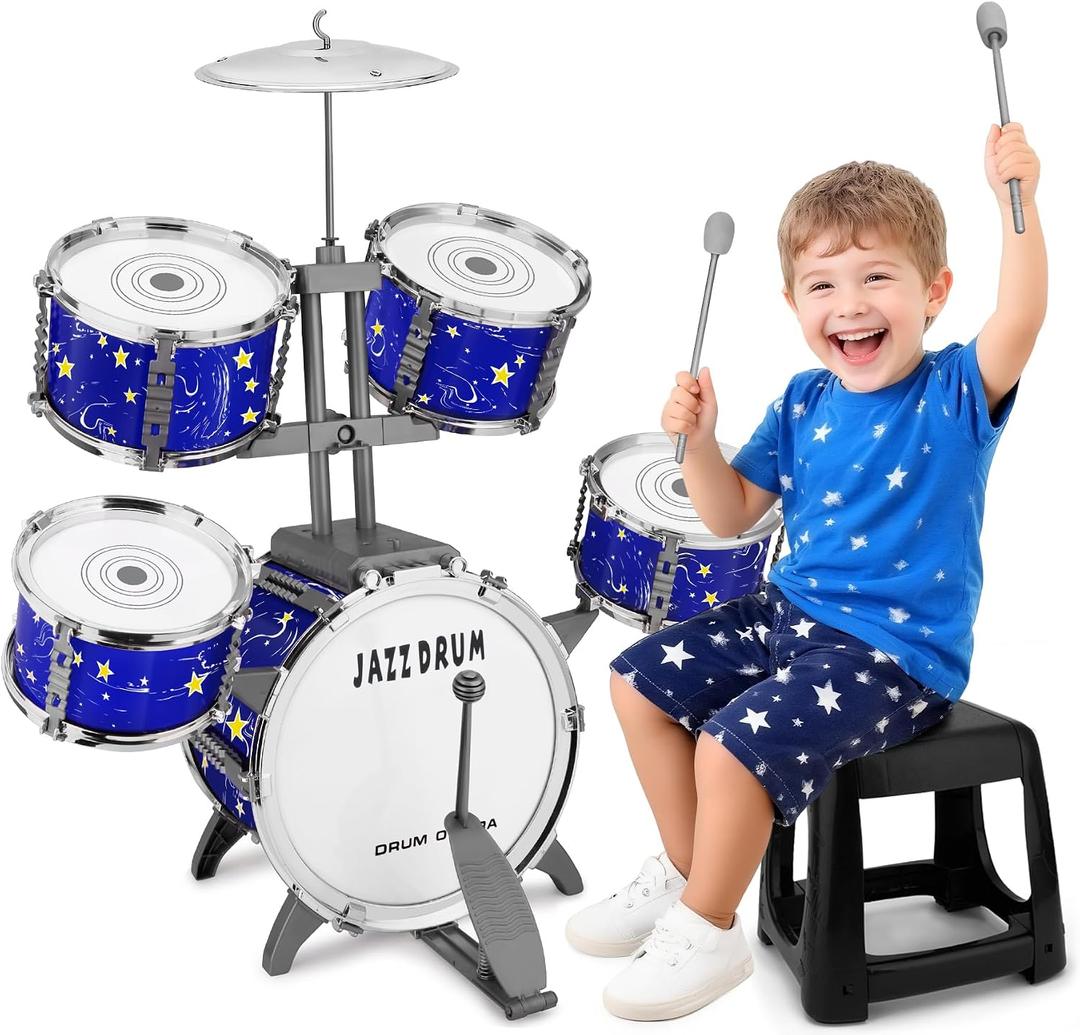 Upgraded Kids Drum Set for Toddlers Plastic Musical Jazz Drum Instruments Kit Birthday Musical Learning Toys for 4 5 6 Boys Girls, Starlight Blue, Junior
