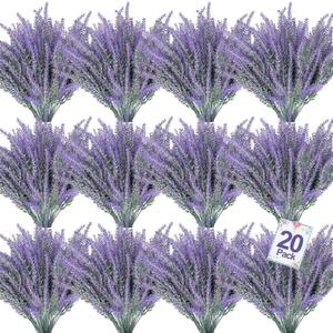 TURNMEON 20 Bundles Artificial Lavender Flowers for Outdoors Summer Decor,UV Resistant No Fade Fake Plants Plastic Faux Plants for Home Window Box Planter Porch Garden Home Cemetery Decor(Gray Purple)