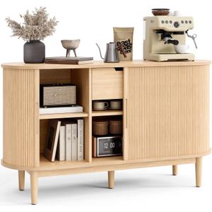 LINSY HOME Sideboard Buffet Cabinet with Storage, 55" Fluted Coffee Bar Cabinet with Tambour Sliding Doors and Drawer, Mid Century Modern Wood Storage Buffet Table for Kitchen, Living Room, Oak