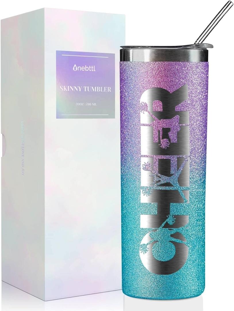 Onebttl Cheerleader Glitter Tumbler Gifts For Girls - Cheer - 20oz/590ml Stainless Steel Insulated Tumbler with Straw, Lid - Gift for Cheerleading, Coach or Cheer Squad - (Purple-Blue Gradient)