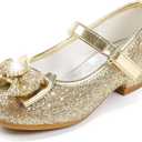 Furdeour Girls Dress Shoes Mary Jane Wedding Flower Bridesmaids Heels Glitter Princess Shoes for Kids Toddler (Gold)