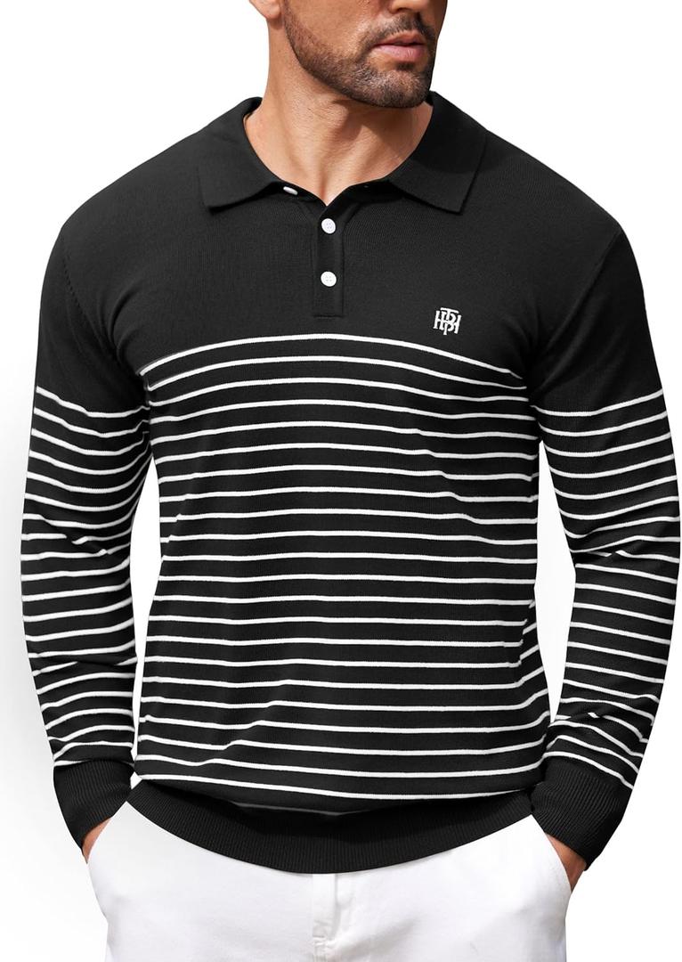 Mens Polo Collar Shirts Casual Long Sleeve Button Sweater(S-2XL) (Black)