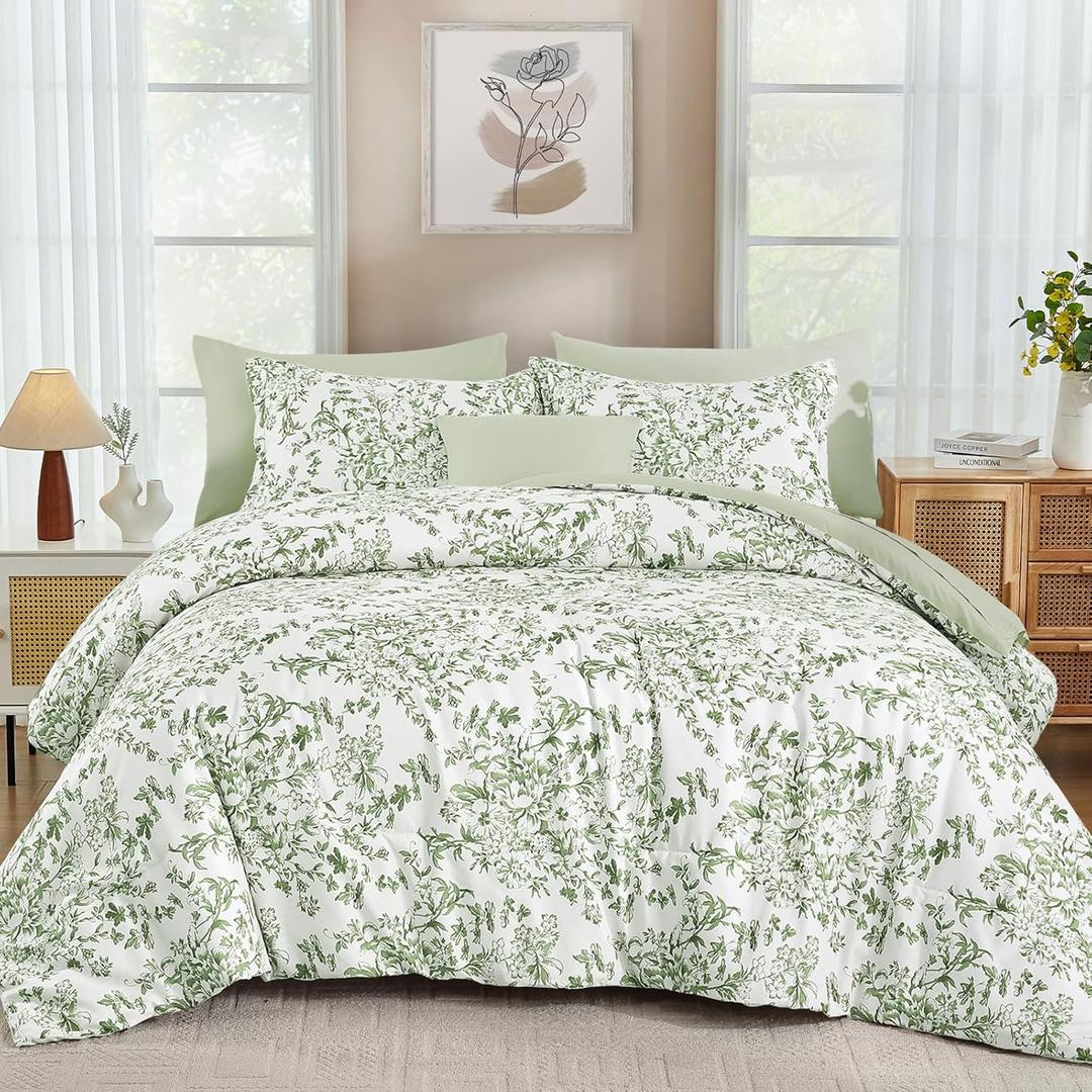 WONGS BEDDING 8 Pieces King Size Comforter Set Green,Sage Green Floral Bed in a Bag Comforter Sets, Soft Reversible Botanical Flowers Bedding Sets for All Season (90"x104")
