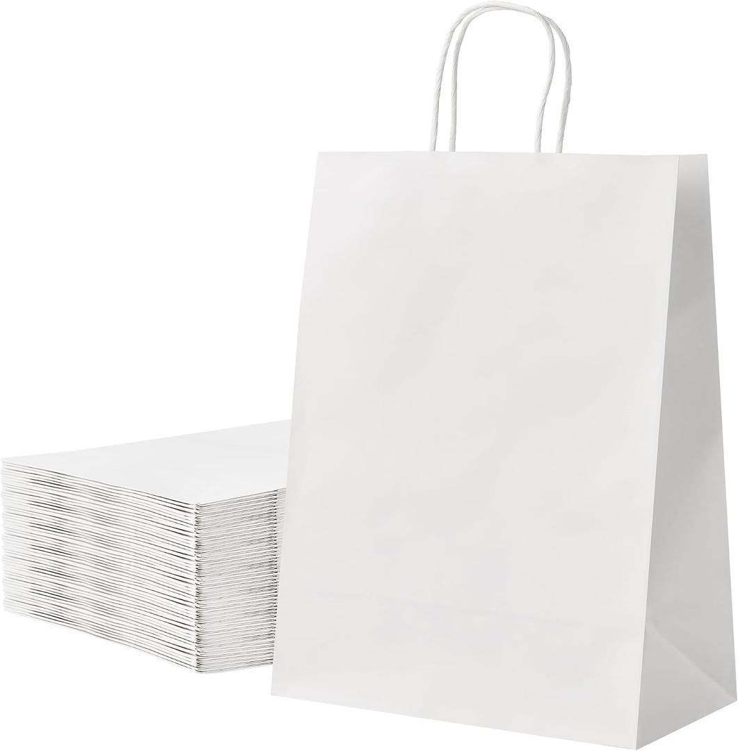 RACETOP 50 Pcs Kraft Shopping Bags 10x5x13 In White Paper Bags with Handles Bulk, Recycled Paper Gift Bag for Christmas Birthday Party Favors Grocery Retail Shopping Business