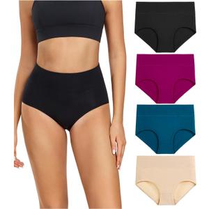 wirarpa Women's Cotton Underwear High Waisted Ladies Panties Full Coverage Briefs 4 Pack (Regular & Plus Size) (Medium, Black/Deep Red/Teal/Beige - Set 16)