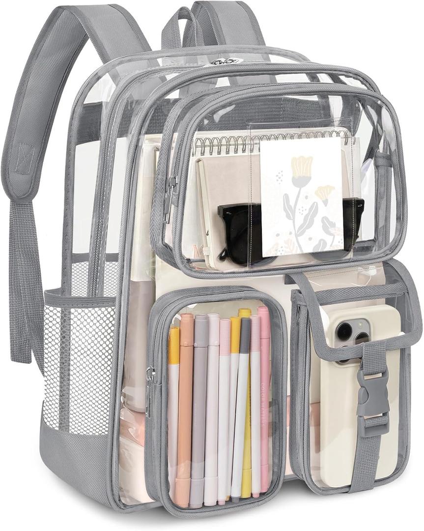Attmu Clear Backpack for Stadium Events, Heavy Duty PVC Transparent Bookbag with Reinforced Strap, Large Capacity See Through Clear Bag for College Concerts Sport Work Security Travel, Grey
