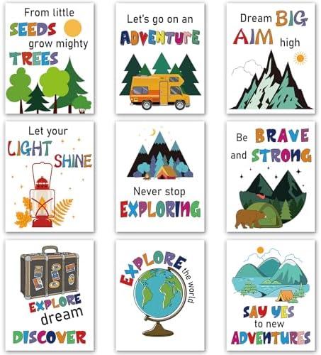 Nezyo 9 Pcs Colorful Camping Art Print 8 x 10 Inch Adventure Motivational Posters for Camper Travel Themed Canvas Posters Outdoor Adventure Inspirational Wall Art for Bedroom and Office Nursery