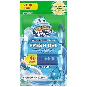 Scrubbing Bubbles Fresh Gel Toilet Bowl Cleaning Stamps, Helps Keep Toilet Clean and Helps Prevent Limescale & Rings, Rainshower Scent, 1 Dispenser with 24 Fresh Gel Stamps 3 pcs
