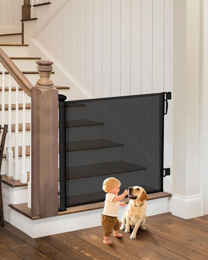 Retractable Baby Gate - 55" Wide Mesh Pet Gate with Anti-Crawling Hook, Safety Lock, One-Hand Operation, 34" Tall Baby Gate for Stairs, Doorways, Hallways, Garage, Indoor Outdoor, Black