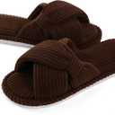 Evshine Summer House Slippers for Women Corduroy Cross Bow Indoor Slippers Open Toe Slip On Bedroom Shoes with Memory Foam (6-6.5, Brown)