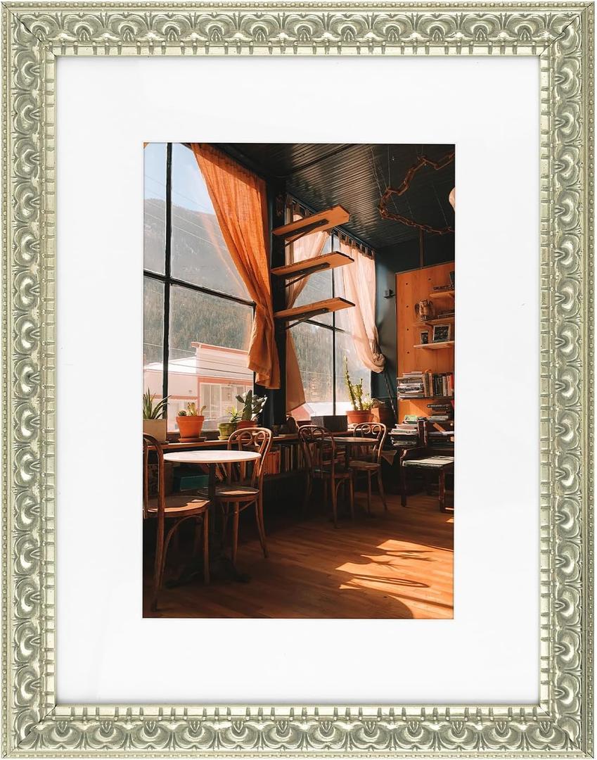 Golden State Art, 12X16 Ornate Finish Photo Frame with White Mat for 8X12 Picture & Real Glass, Color: Silver Beige