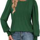 ATHMILE Womens Long Sleeve Shirts Crew Neck Tops Pleated Business Casual Blouses with Smocked Cuffs Trendy T-Shirts M