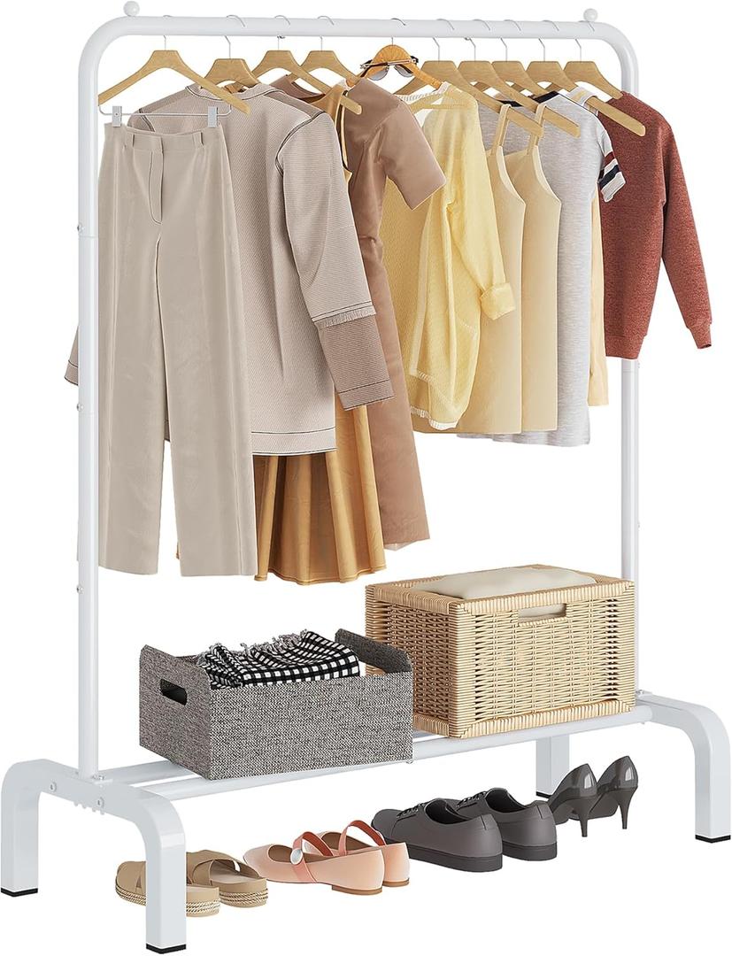 JIUYOTREE Standard Clothes Clothing Garment Rack with Storage Shelves Clothes Organizer for Hanging Clothes Coat Jacket Shirt Sweater Jeans White (34"W x 16.7"D x 58"H without wheels)