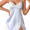 Women's Lace Satin Babydoll Lingerie Bowknot Spaghetti Strap Split Chemise Nightgowns Sleep Dress (White, S)